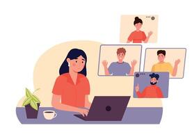 video conferentie samenwerking. vrouw zittend Bij huis met laptop en pratend naar collega's online. collega's babbelen vector