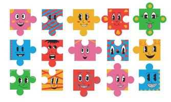 puzzel karakters. tekenfilm grappig gezicht emoties Aan decoupeerzaag stukken vormen, abstract schattig gelaats emoji vlak tekening ontwerp. vector geïsoleerd reeks
