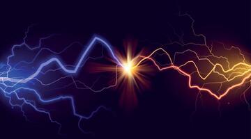 blauw vs geel elektrisch stroom, bliksem strijd effect. gloeiend spoor , elektrisch licht flash. heet en verkoudheid botsing vector