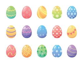 tekenfilm kleurrijk Pasen geschilderd eieren met patronen en texturen. voorjaar vakantie decoratief elementen. gelukkig Pasen dag ei jacht vector reeks