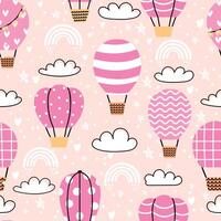 schattig naadloos patroon met roze heet lucht ballonnen in lucht. kinderachtig afdrukken met wolken en regenbogen. tekenfilm droom avontuur vector behang