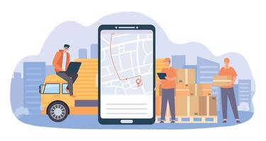 online levering onderhoud. smartphone met GPS navigatie en bijhouden onderhoud voor Verzending bedrijf. koerier Holding pakket vector