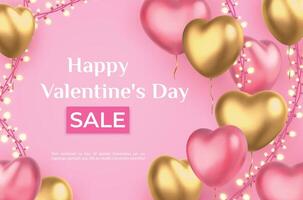 valentijnsdag dag uitverkoop poster met hart ballonnen en slinger lichten. 3d realistisch liefde vakantie roze en gouden harten, korting vector banier