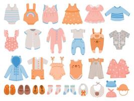 pasgeboren kleren. baby kleding voor jongens en meisjes, jurken, overall, lichaam pakken, rompertjes, t-shirts en broek. tekenfilm kinderen draagvector reeks vector