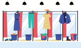 winkel dressing kamer. kleding en schoen op te slaan leeg dressing kamers met spiegels en gordijnen. vector illustratie