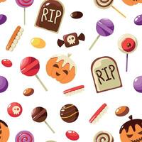 halloween snoepgoed patroon. naadloos afdrukken van tekenfilm truc of traktatie snoepjes, schattig pompoen lolly kauwgomballen desserts herhalen achtergrond. vector structuur