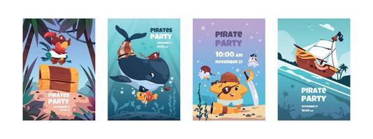 piraat dieren affiches. tekenfilm schattig marinier tekens in piraat kostuums, zomer partij banners en uitnodigingen. vector flyers met grappig dieren verzameling