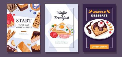 wafel ontbijt folder. cafe bakkerij reclame met heerlijk belgisch wafel tussendoortje tekenfilm stijl, promo gebakje posters voor ochtend- menu ontwerp. vector reeks