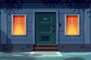nacht huis voorkant. tekenfilm land huis buitenkant met deur veranda ramen en nacht lichten. vector stad- gebouw Ingang tafereel