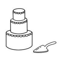 schattig hand- getrokken taart en spatel geïsoleerd Aan wit achtergrond. tekening schetsen vector illustratie.