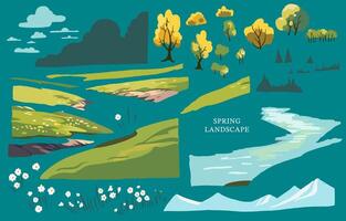 voorjaar landschap element reeks met berg en boom bewerkbare vector illustratie voor grafisch ontwerp