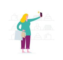 vrouw nemen selfie in voorkant van op te slaan Scherm gebruik makend van slim telefoon vector