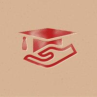 hand- Holding diploma halftone stijl icoon met grunge achtergrond vector illustratie