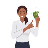 jong vrouw Holding contant geld valuta geld in hand- en richten naar dat vector
