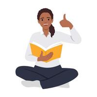 onderwijs werkwijze en positief emoties concept. glimlachen meisje leerling zittend Aan verdieping lezing boek tonen duimen omhoog teken met vingers vector