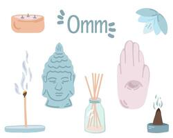 omm meditatie yoga vlak ontwerp reeks aroma stokjes vector