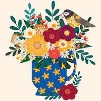 aanbiddelijk vogel in voorjaar wild bloemen boeket in thee kop hand- getrokken clip art vector voor uitnodiging groet verjaardag partij viering bruiloft kaart poster banier textiel behang papier inpakken achtergrond