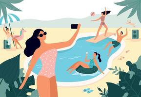 zwemmen zwembad feest. jong mensen uitgeven tijd, spelen met bal, luisteren naar muziek, nemen selfie foto's vector