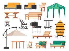 patio meubilair. zomer terras stoel tafel sofa paraplu, tuin en veranda lounge pictogrammen met achtertuin barbecue grillen. vector geïsoleerd reeks