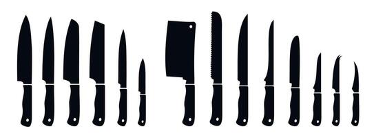 zwart messen set. verschillend types van mes, roestvrij scherp met bladen uitrusting voor Koken, monochroom bestek gemakkelijk silhouetten. vector vlak verzameling