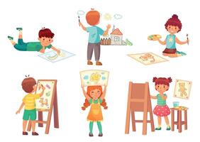 tekening kinderen, kind illustrator.klein jongens en meisjes schilderij huis, regenboog en kat met aquarellen en kleurpotloden vector