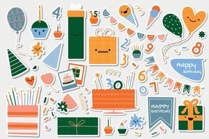 verjaardag abstract stickers. tekenfilm kleurrijk decoratief elementen voor groet kaarten, emblemen en etiketten. vector gelukkig en grappig tekens verzameling
