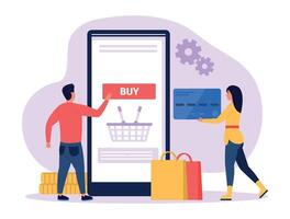 online winkelen. Mens en vrouw buying goederen Aan internetten. mannetje karakter klikken knop kopen Aan smartphone scherm vector