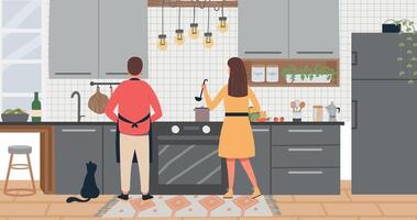 familie Koken Bij huis. Mens en vrouw maken soep in keuken interieur. paar voorbereidingen treffen voedsel samen vector