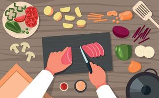 Koken top visie. chef voorbereidingen treffen hakken voedsel Aan tafel, bord en bord met plakjes tekenfilm groenten gezond vegetarisch maaltijd keuken. vector illustratie