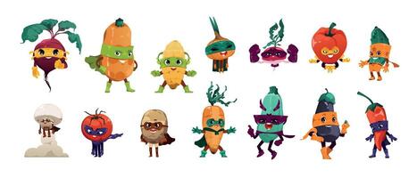 superheld groenten. grappig tekenfilm biologisch voedsel in kleurrijk held kostuum, grappig vers superfood in maskers en kaap. vector schattig clip art reeks