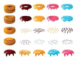 donut taart uitrusting. tekenfilm bakkerij zoet donut soorten, kleurrijk geglazuurd gebakje met toppings, smakelijk toetje bakkerij producten. vector geïsoleerd reeks