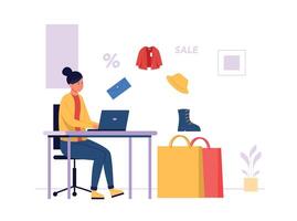 online winkelen. vrouw zittend een bureau met laptop en buying verschillend goederen. vrouw karakter inkoop vector