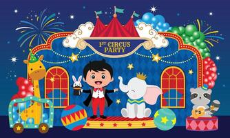 circus thema illustratie met een schattig jongen en dieren Aan blauw achtergrond vector