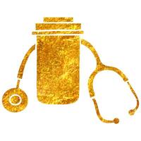 hand- getrokken pillen fles stethoscoop icoon in goud folie structuur vector illustratie