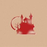 donker kasteel halftone stijl icoon met grunge achtergrond vector illustratie