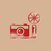 wijnoogst camera halftone stijl icoon met grunge achtergrond vector illustratie