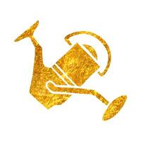 hand- getrokken visvangst haspel icoon in goud folie structuur vector illustratie