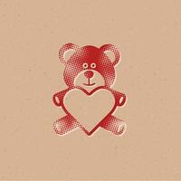 teddy Holding hart vorm halftone stijl icoon met grunge achtergrond vector illustratie