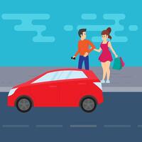 Mens en vrouw wandelen hand- in hand- naar een auto. romantisch relatie, winkelen. vector illustratie.