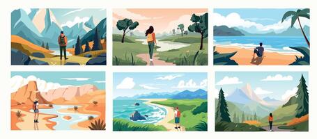 reizigers op zoek Bij landschap. tekenfilm personen verkennen natuur en landschap, personen Aan vakantie reis en hiking, zomer vakantie concept. vector illustratie