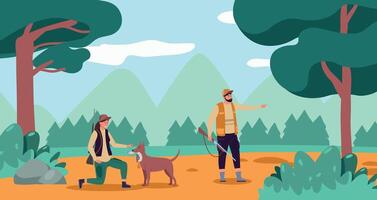 jager mannetje en vrouw in camouflage kleren met hond in Woud. buitenshuis bos- tafereel, vrouw nemen eend van hond vector