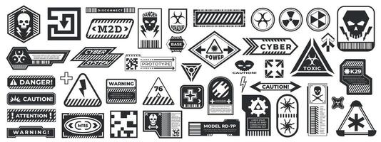 cyberpunk zwart stickers. Gevaar waarschuwing etiket met ai controle, extreem futuristische waarschuwing teken. beveiligen Oppervlakte kader spandoek. vector stickers geïsoleerd reeks