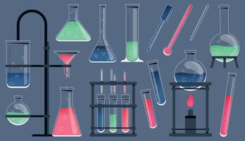 chemie hulpmiddelen. tekenfilm chemisch laboratorium apparatuur, wetenschappelijk Onderzoek apparatuur, farmacie en biologie laboratorium apparatuur. vector geïsoleerd reeks