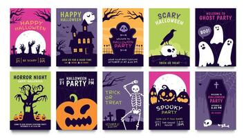 posters voor halloween feest. verschrikking film nacht folder, ticket en truc of traktatie uitnodiging met skelet, zombie, eng pompoen vector reeks
