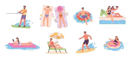 vlak tekens genieten van zomer, zonnebaden Aan ligstoel en leggen Bij zwemmen ringen. Dames in zwemmen zwembad. mannen surfer. toeristen werkzaamheid vector reeks