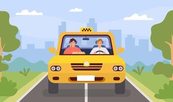 taxi bestuurder en cliënt. Mens rit auto en passagier met smartphone. voorkant visie taxi in stad landschap. vlak tekenfilm taxi app vector concept