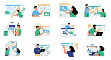 web ontwikkeling concept. modern tekens creëren mobiel web bladzijde, software ontwikkelaars werken Aan zakelijke ui, code en programma voor website. vector geïsoleerd reeks