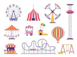 vlak amusement park rol achtbaan, circus tent en heet lucht ballon. festival carnaval ferris wiel, voedsel kiosk en attracties vector reeks