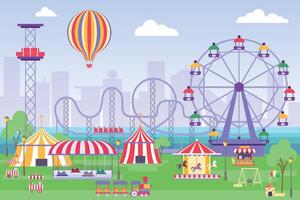 amusement park landschap met ferris wiel, circus tenten en carrousels. vlak pret eerlijk met rol kustvaarder en draaimolen vector concept