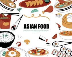 Aziatisch voedsel inlijsten. tekening traditioneel maaltijd met specerijen en sauzen, kom met noedels en soep, sushi Aan bord, soja saus. vector Chinese en Japans voedsel banier